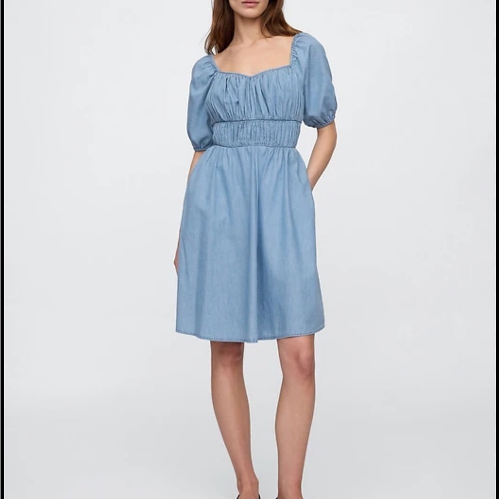 Gap Chambray Blue Puff Sleeve Smocked Mini Dress | Size S